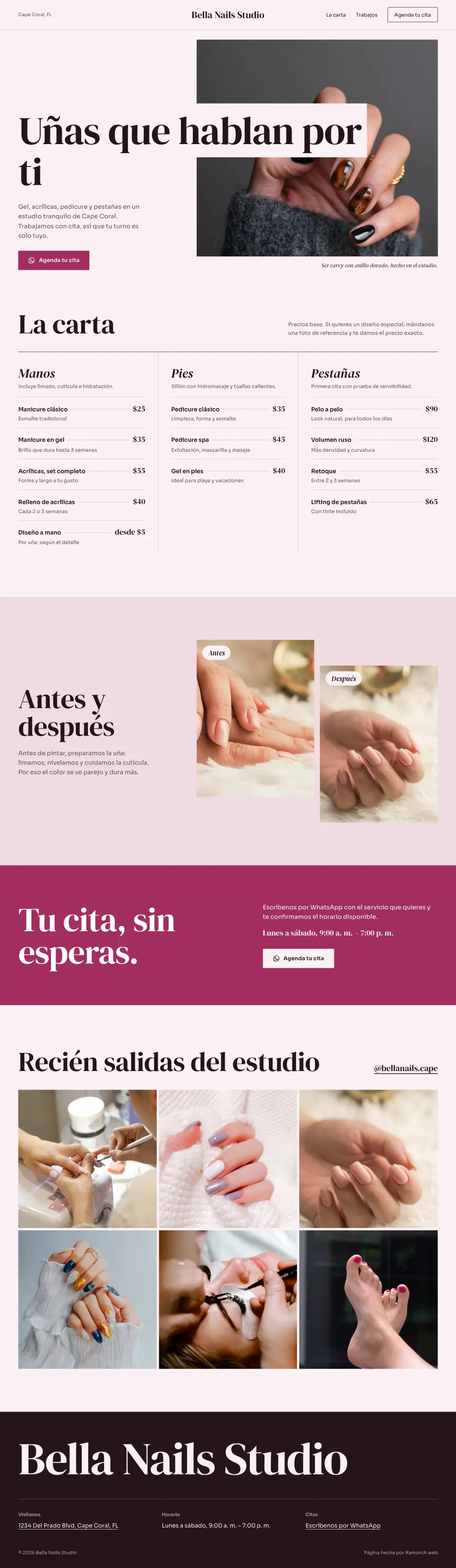 Ejemplo del estilo Glam: página para uñas, pestañas, peluquería